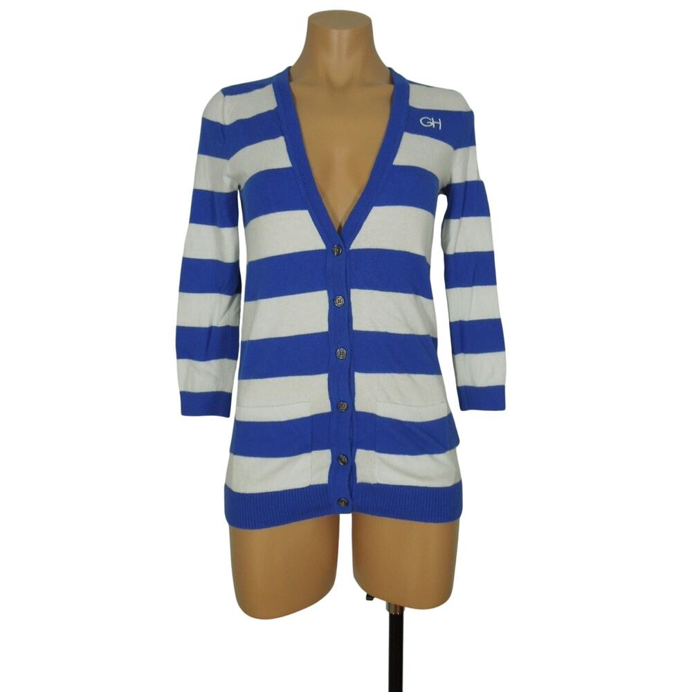 GILLY HICKS Cardigan Top S SMALL Juniors White-Blue Striped Cotton Blend
